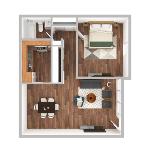 Gable Oaks 1 bedroom 1 bathroom Unit A 3D Floorplan with kitchen appliances and hardwood floors